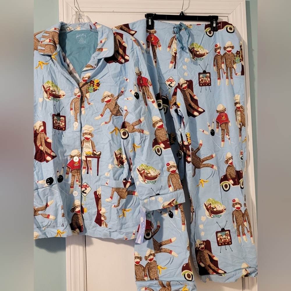 New Nick & Nora Adorable Sock Monkey Flannel Pajamas XXL. 2X P…